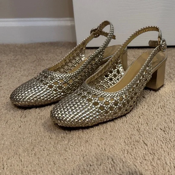 J. Crew Elegant Gold Woven Women's Heeled Shoes Size 7 with Buckles - Picture 1 of 7